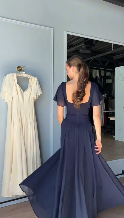 Beautiful Navy Blue Long Evening Dress Sheath Chiffon Prom Dress DP07200