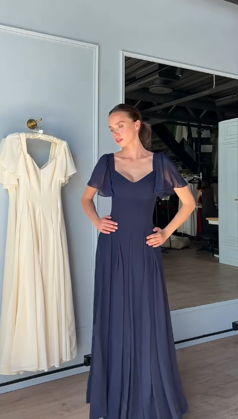 Wunderschönes langes Abendkleid in Marineblau, Etuikleid, Chiffon, Ballkleid DP07200