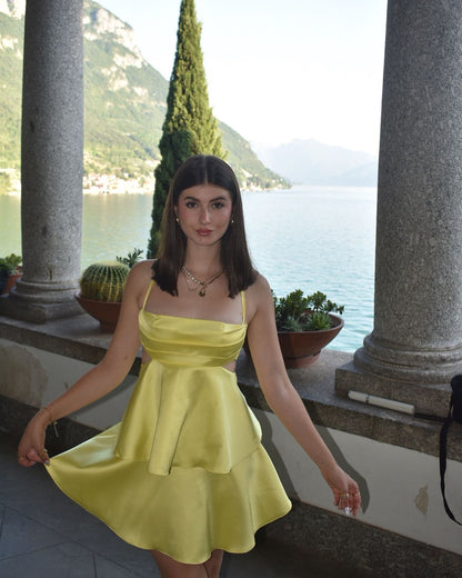 Fashion Yellow Short Birthday Dress Sheath Satin Homecoming Dress DP07208