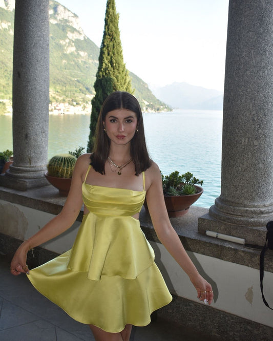 Robe Courte Jaune Anniversaire Fourreau Satin Robe de Soirée DP07208