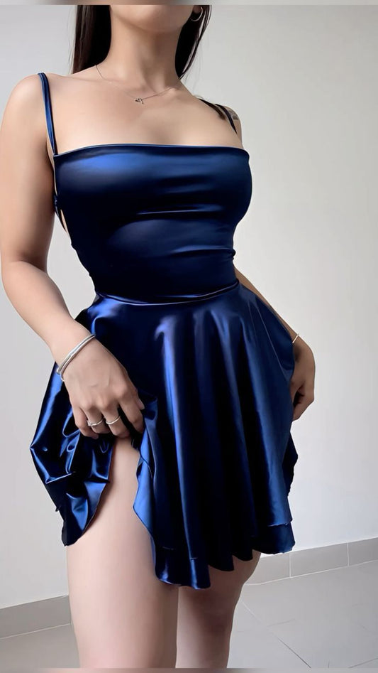 Elegantes marineblaues kurzes Ballkleid Etui-Satin-Heimkehrkleid DP07248