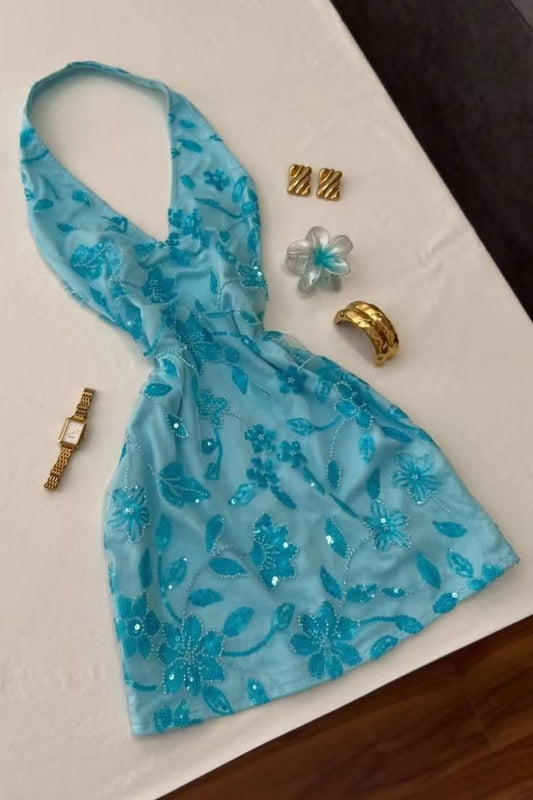 Elegantes blaues, kurzes Ballkleid, Etui-Stil, Chiffon, Perlenstickerei, Homecoming-Kleid DP07249