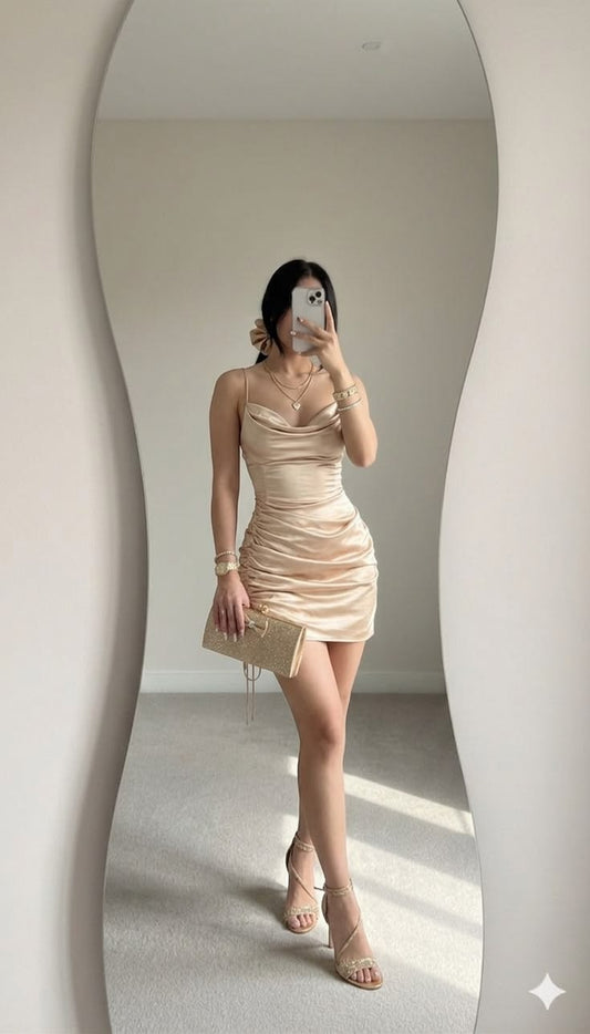 Hübsches Champagnerfarbenes Geburtstagskleid, figurbetontes Satin-Heimkehrkleid, kurz, DP07260