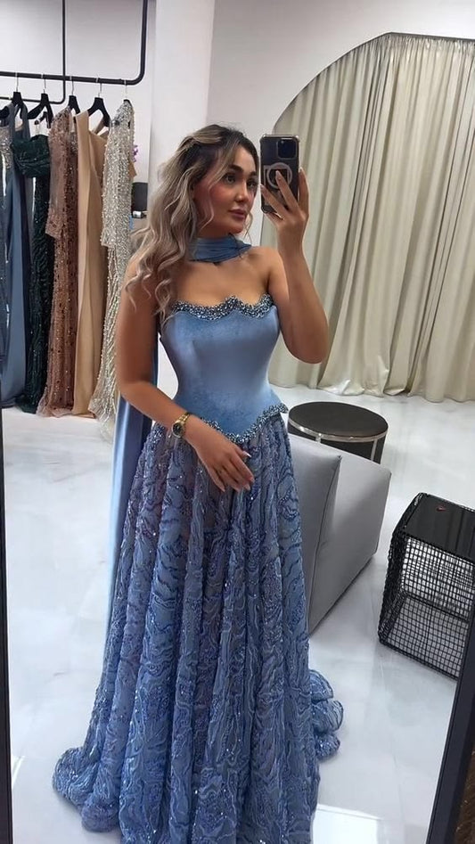 Hübsches blaues langes Ballkleid A-Linie Satin Abendkleid DP07278