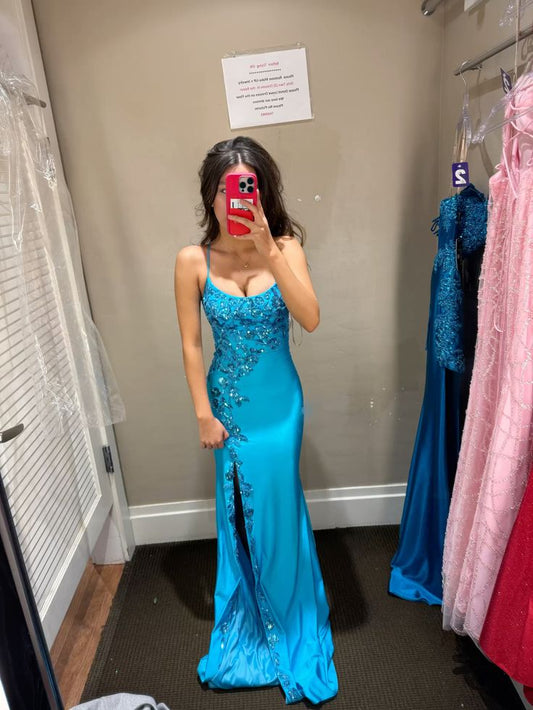 Hübsches blaues langes Abschlussballkleid Scheide Satin Abendkleid DP07281