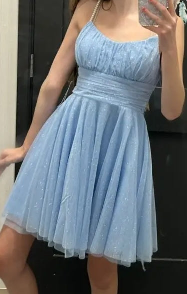Chic Blue Short Homecoming Dress Sheath Tulle Birthday Party Dress DP07320