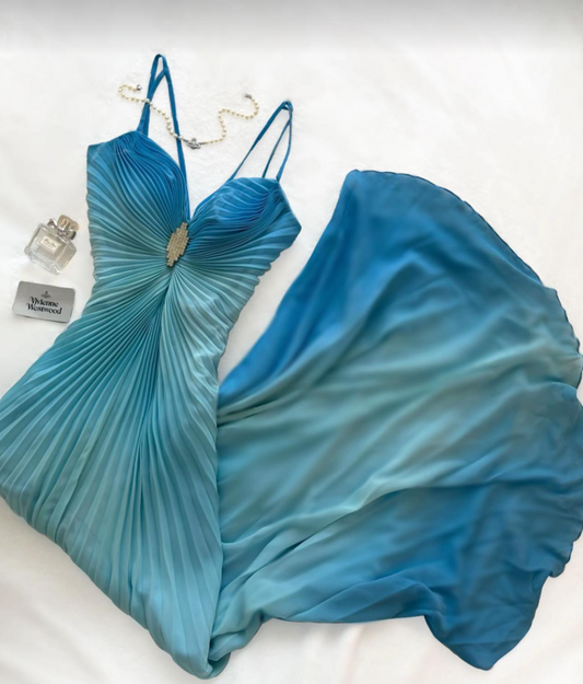 Robe de bal chic bleue fourreau en mousseline longue robe de soirée DP07334