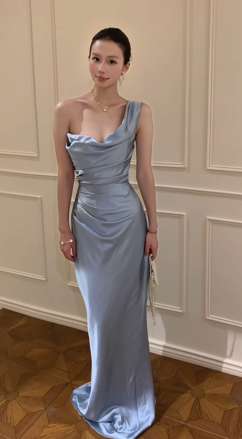 Robe de bal chic bleue, robe de soirée longue fourreau en satin DP07336