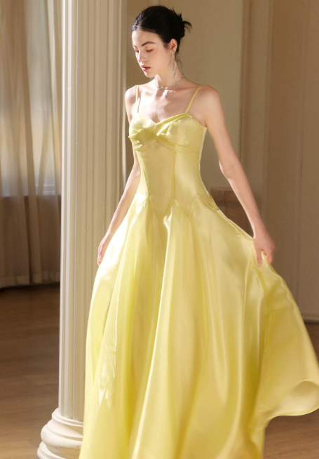 Chic Yellow Prom Dress Sheath Satin Long Evening Dress DP07337