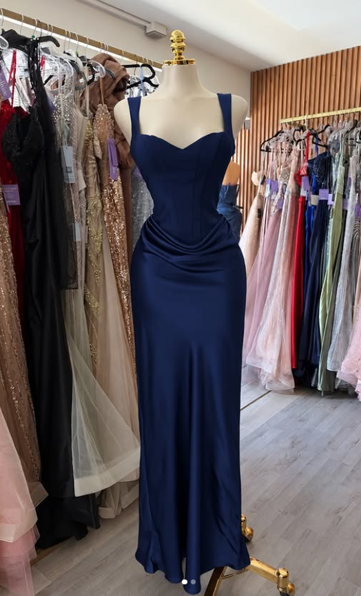 Robe de bal chic bleu marine, fourreau en satin, robe de soirée longue DP07338