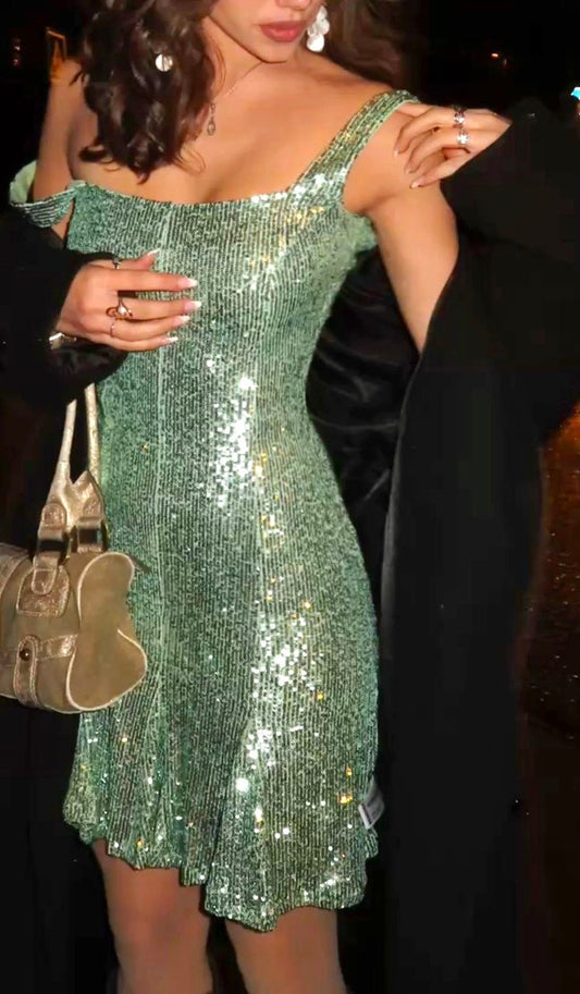 Robe de cocktail courte verte, fourreau à sequins pour fête de fin d'année ou anniversaire DP07351