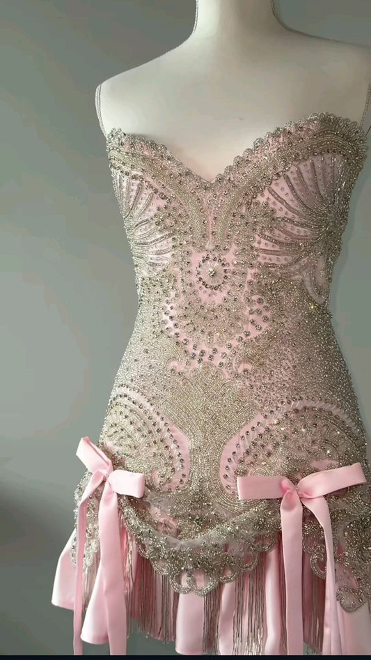 Robe de soirée courte rose fuchsia, coupe fourreau en satin avec perles, robe d'anniversaire DP07358