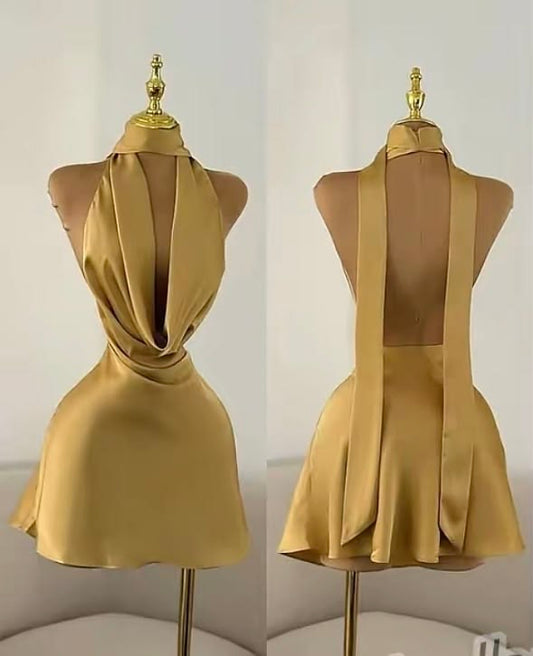 Fashion Yellow Short Homecoming Dress Sheath Satin Birthday Dress DP07360