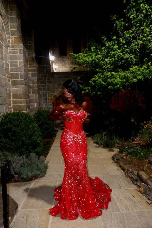 Robe de bal rouge style sirène en tulle avec perles pour anniversaire DP07365