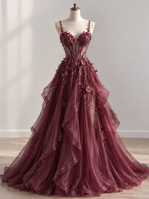 Robe de bal bordeaux, coupe trapèze en tulle avec appliques pour anniversaire DP07369