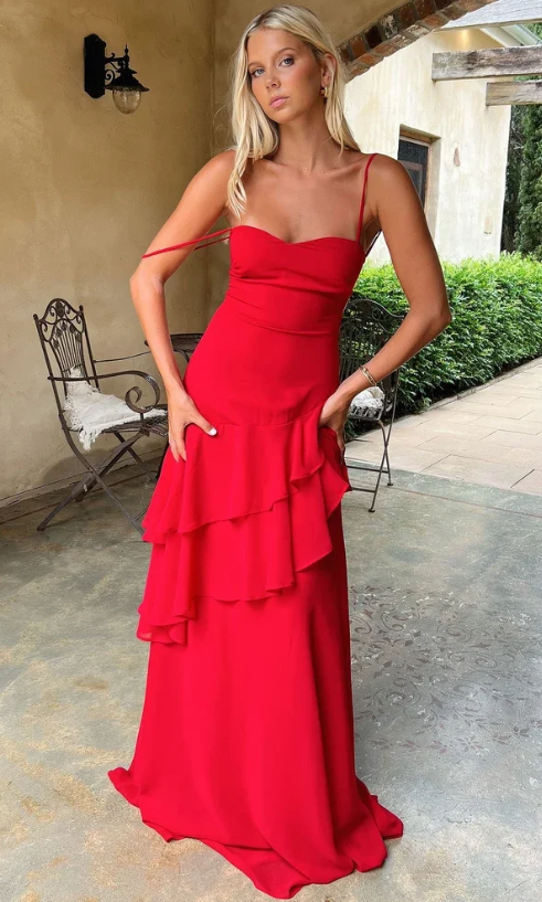 Robe de soirée longue fourreau en mousseline tendance, robe de bal rouge DP07371