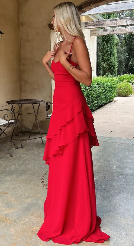 Robe de soirée longue fourreau en mousseline tendance, robe de bal rouge DP07371