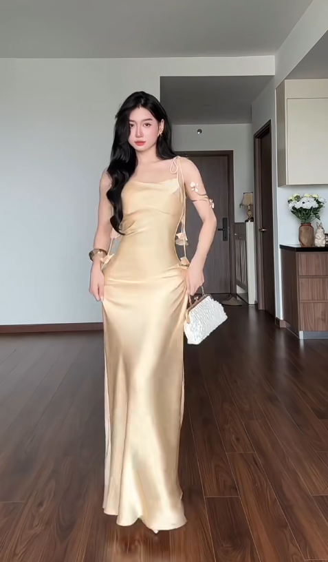 Robe de soirée longue en satin fourreau tendance, robe de bal jaune DP07375