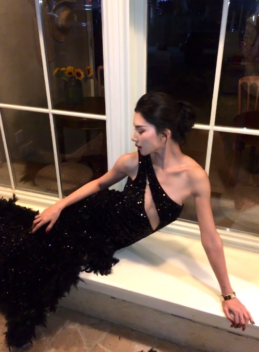 Robe de soirée longue fourreau à sequins, robe de bal noire DP07378
