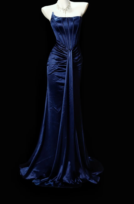 Chic Sheath Satin Long Evening Dress Navy Blue Prom Dress DP07390