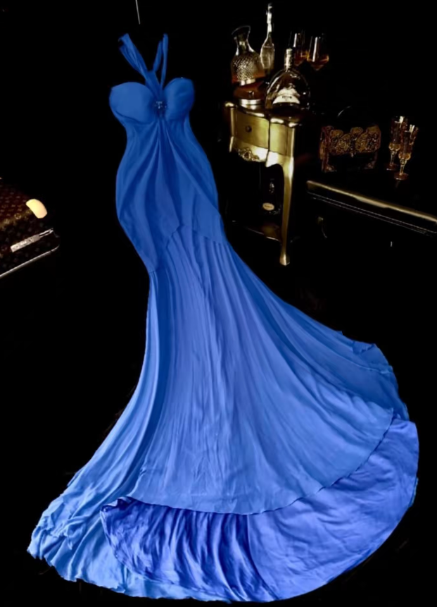 Chic Sheath Satin Long Evening Dress Blue Prom Dress DP07392