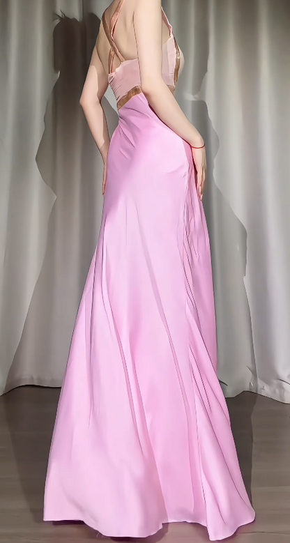 Chic Sheath Satin Long Evening Dress Pink Prom Dress DP07393
