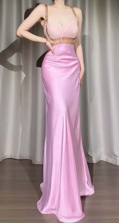 Chic Sheath Satin Long Evening Dress Pink Prom Dress DP07393