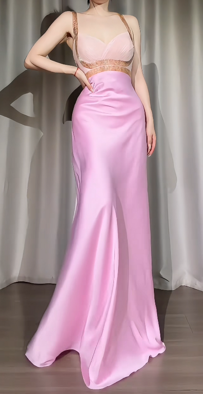 Chic Sheath Satin Long Evening Dress Pink Prom Dress DP07393
