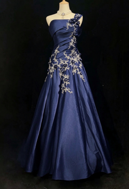 Chic Sheath Satin Long Evening Dress Navy Blue Prom Dress  DP07393