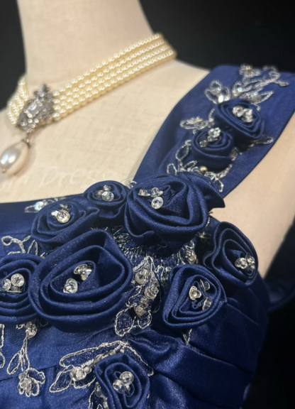 Chic Sheath Satin Long Evening Dress Navy Blue Prom Dress  DP07393