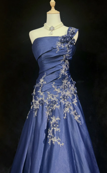 Chic Sheath Satin Long Evening Dress Navy Blue Prom Dress  DP07393