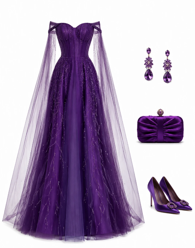 Chic A-Line Tulle Long Evening Dress Dark Purple Prom Dress  DP07398