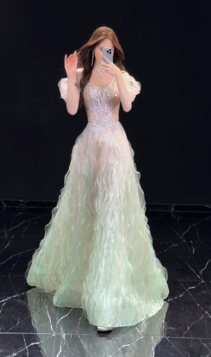 Chic A-Line Tulle Long Evening Dress Green Prom Dress  DP07401