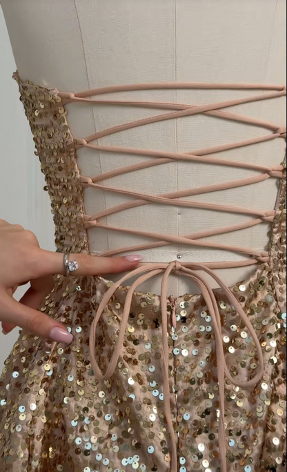 Robe de soirée courte dorée à sequins, coupe trapèze, style féerique, robe d'anniversaire DP07424