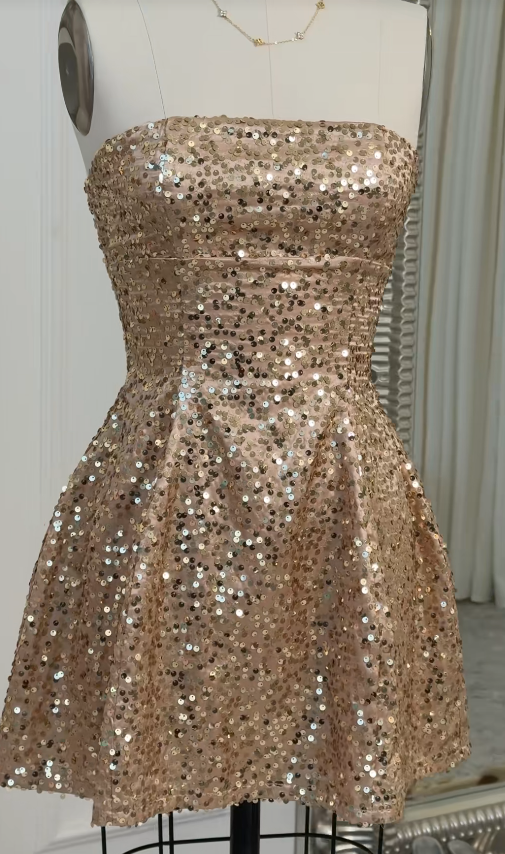 Robe de soirée courte dorée à sequins, coupe trapèze, style féerique, robe d'anniversaire DP07424