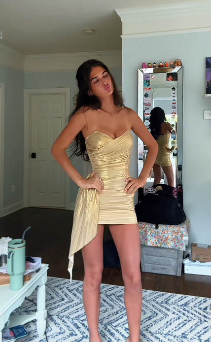 Robe de bal courte dorée féerique en satin pour anniversaire DP07425