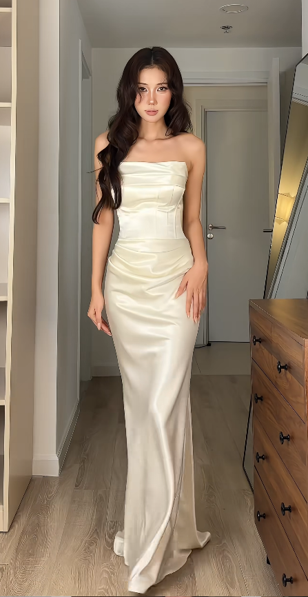 Robe de bal longue blanche style féerique, robe de soirée en satin DP07434