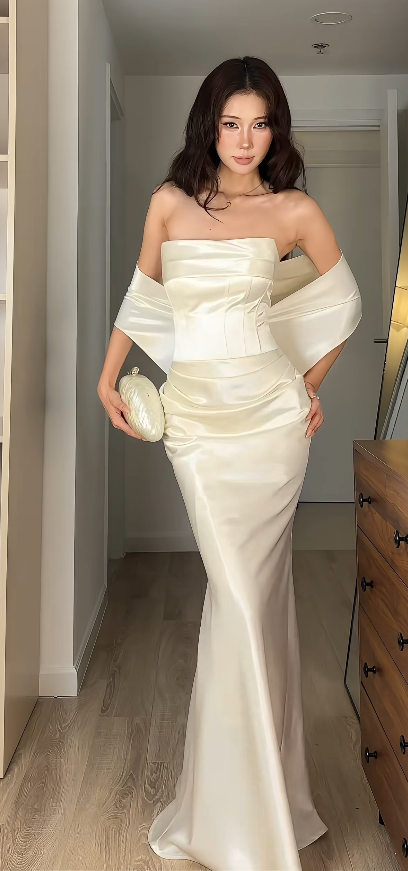 Robe de bal longue blanche style féerique, robe de soirée en satin DP07434