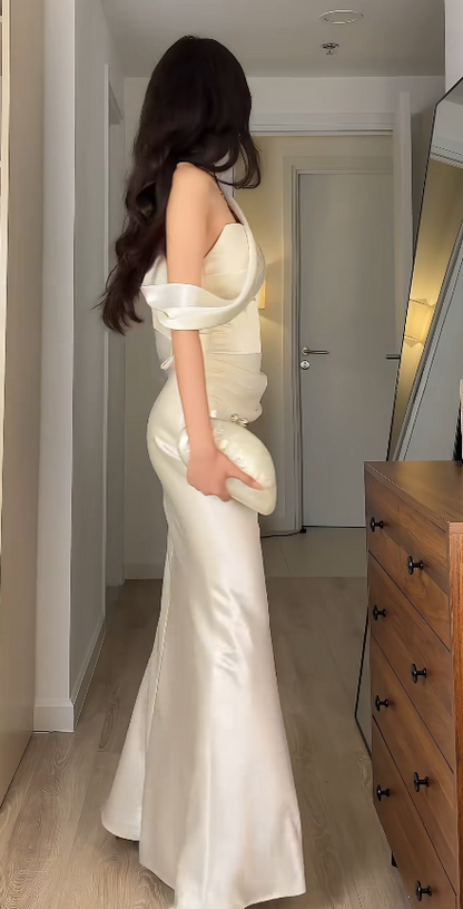 Robe de bal longue blanche style féerique, robe de soirée en satin DP07434