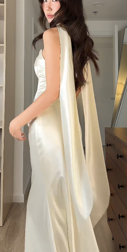 Robe de bal longue blanche style féerique, robe de soirée en satin DP07434