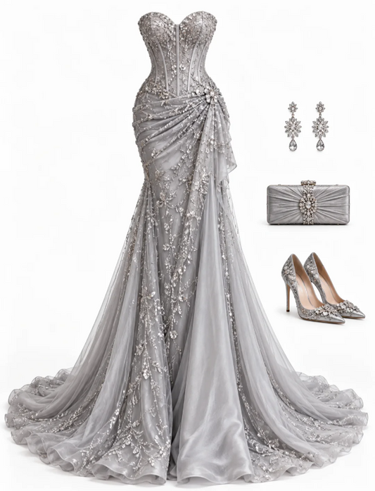Fairy Sheath Tulle Long Prom Dress Grey Evening Dress DP07435