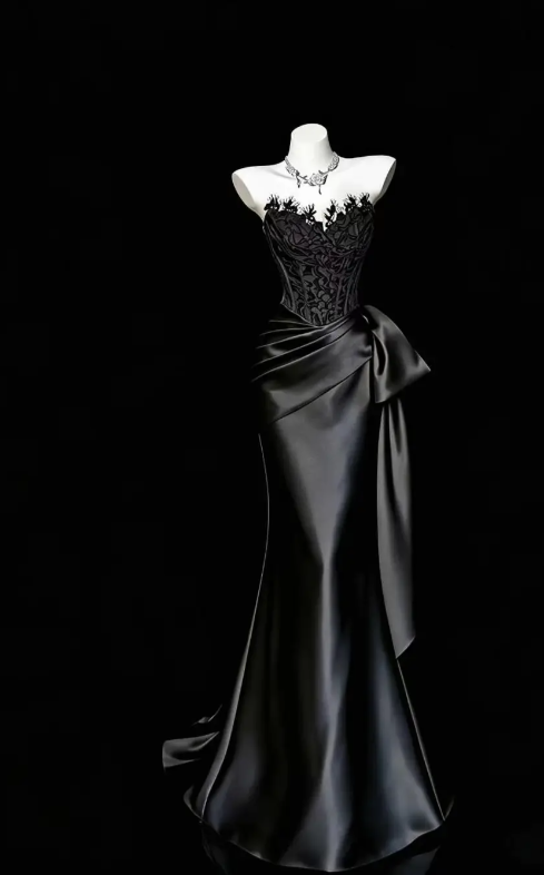 Fairy Sheath Satin Long Prom Dress Black Evening Dress DP07437