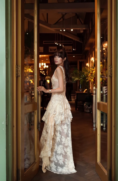 Robe de bal longue en dentelle style fée, robe de soirée blanche DP07441
