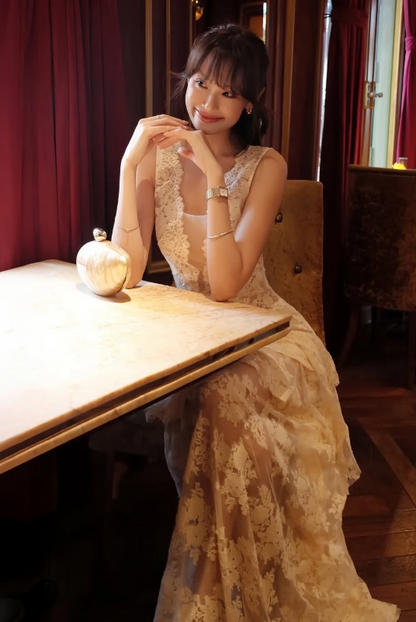 Robe de bal longue en dentelle style fée, robe de soirée blanche DP07441