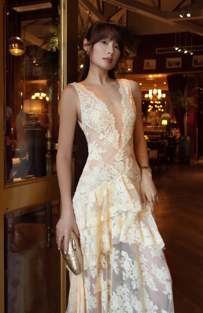 Robe de bal longue en dentelle style fée, robe de soirée blanche DP07441