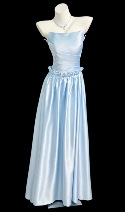 Fairy A-line Satin Long Prom Dress Blue Evening Dress DP07443