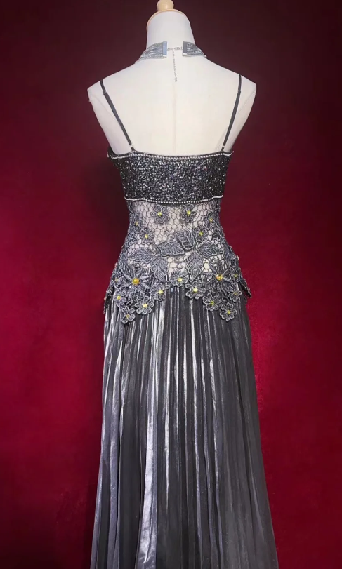 Fairy Sheath Satin Long Prom Dress Dark Grey Evening Dress DP07446