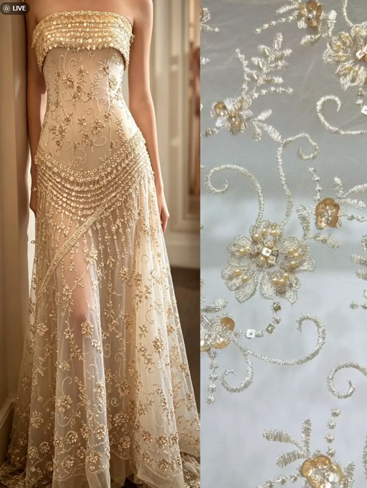 Fairy Sheath Tulle Beaded Long Prom Dress Gold Evening Dress DP07447