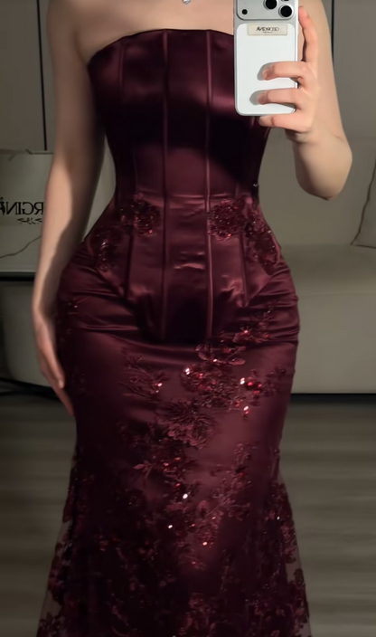 Robe de bal longue rouge foncé en satin, coupe féerique DP07450
