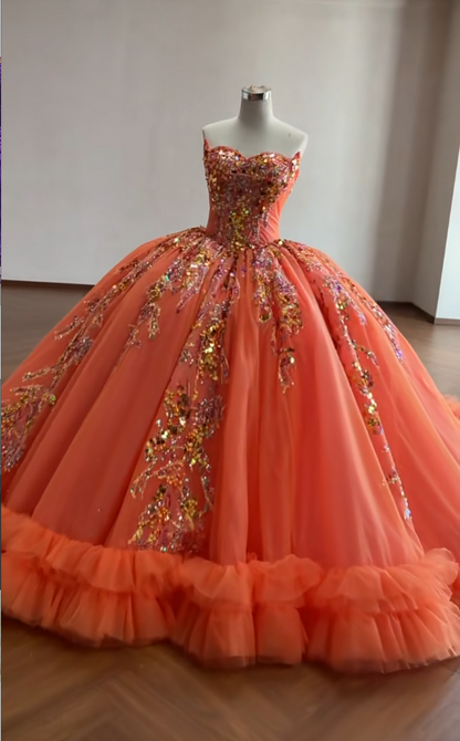 Gorgeous Orange Ball Gown Quinceanera Dress Tulle Applique Sweet 16 Dress DP07457